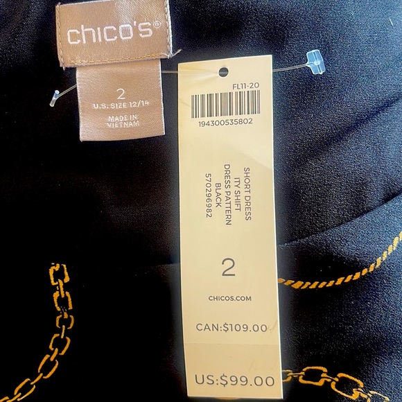 Chico’s black, gold, maroon dress with some white. Length of the dress is 38” - Picture 3 of 3